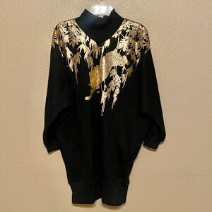 MICHEL ADAM Vintage gold leopard print, mock neck, dolman sleeves sweater O/S